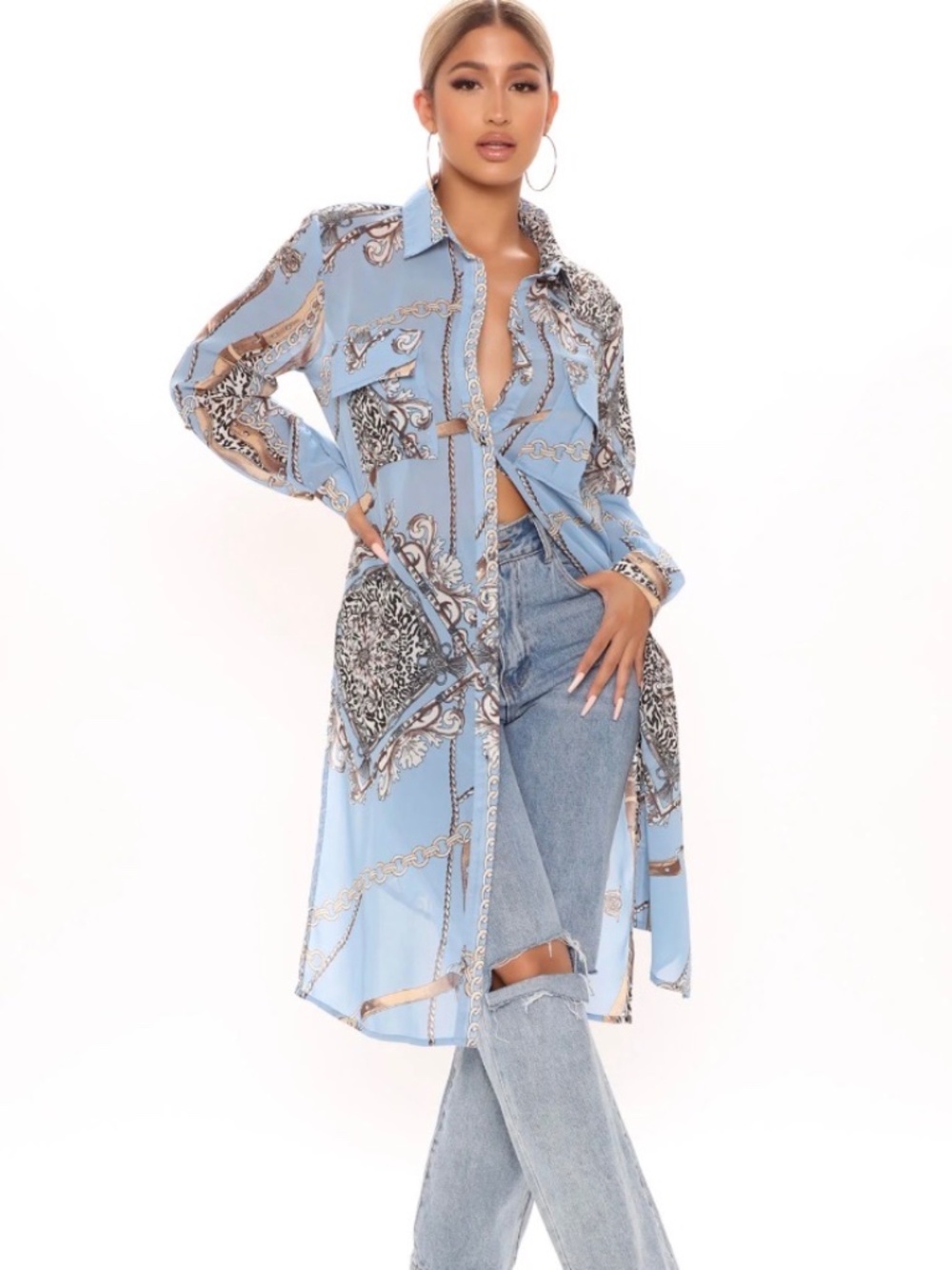 NWT Penelope Project Light Blue Baroque Print Maxi Shirt Dress L